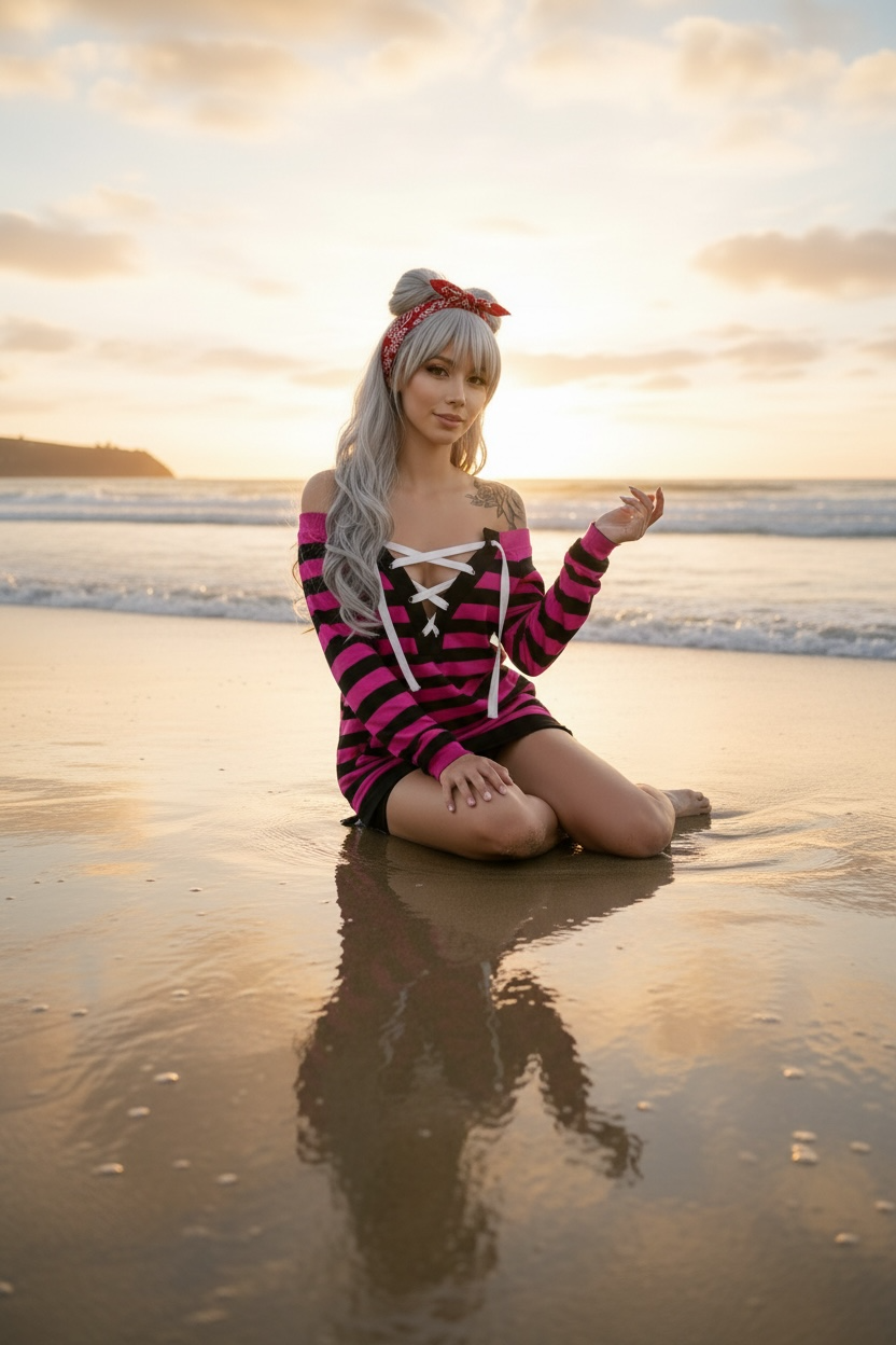 Women's Lace-Up Sweatshirt black and hot pink stripes