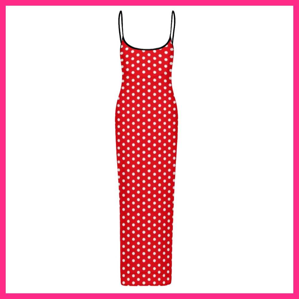 Women's Sheer Mesh Backless Spaghetti Strap Maxi Dress red w/ white polka dots