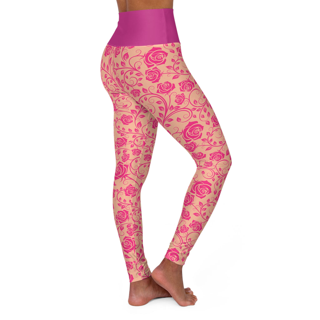 Pink Floral High-Waist Yoga Leggings — Rose Vine Pattern AOP