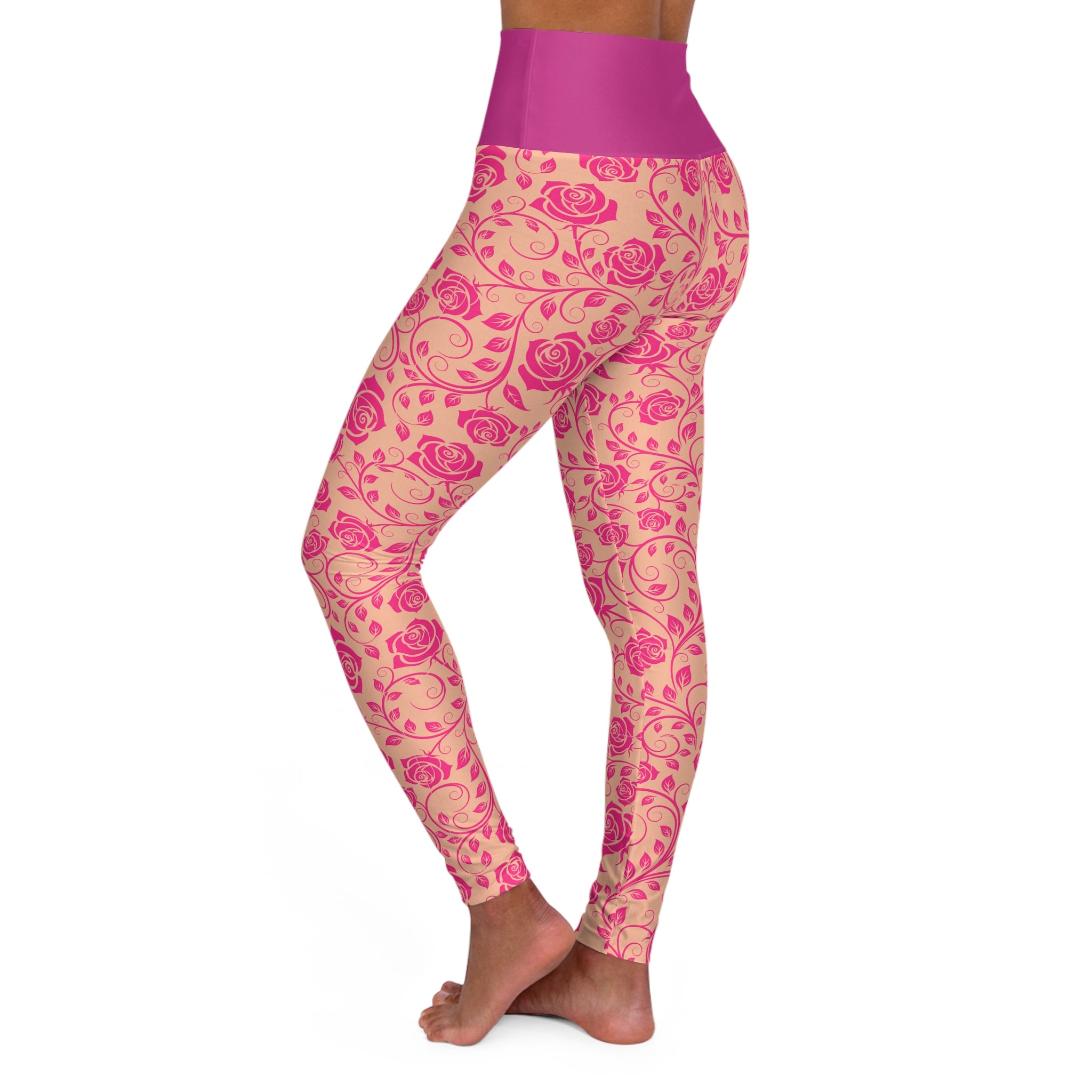Pink Floral High-Waist Yoga Leggings — Rose Vine Pattern AOP
