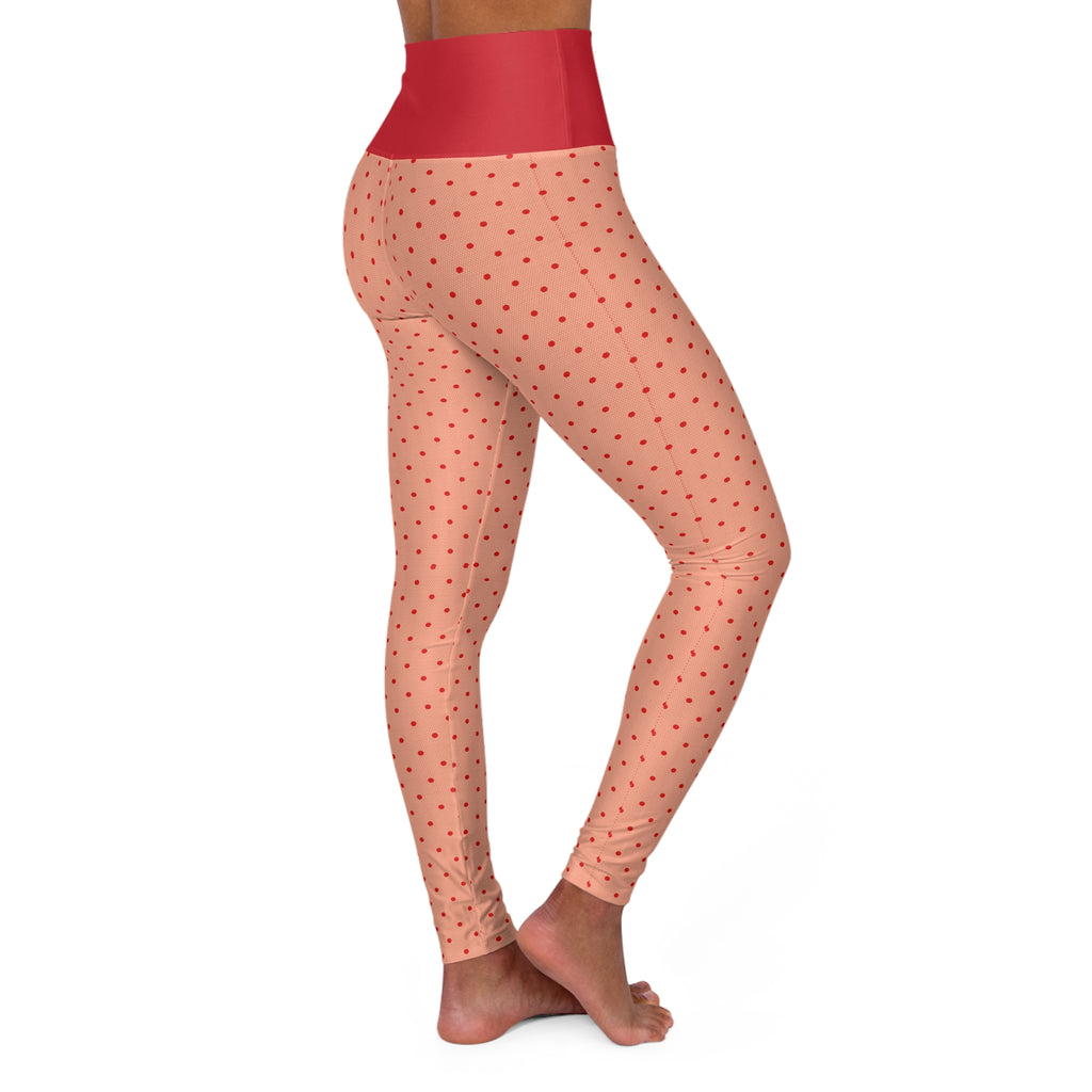 High-Waisted Peach Polka Dot Yoga Leggings — Red Waistband, All-Over Print