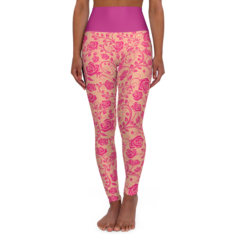 Pink Floral High-Waist Yoga Leggings — Rose Vine Pattern AOP