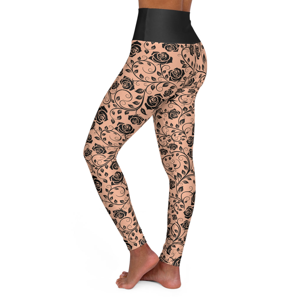 Floral Vine High-Waisted Yoga Leggings — Black Rose All-Over Print