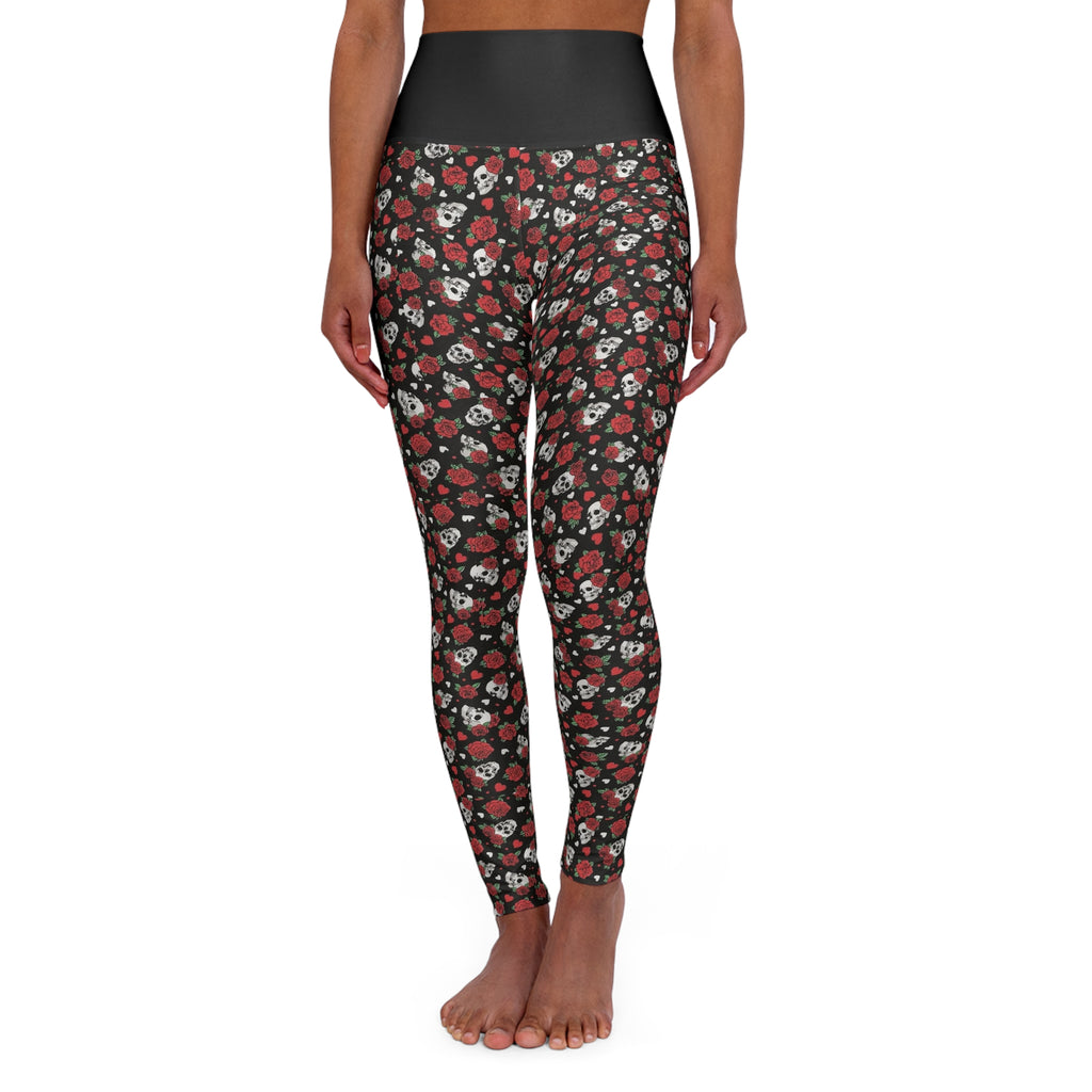 High-Waist Floral Skull Yoga Leggings – Red Rose Day of the Dead Pattern
