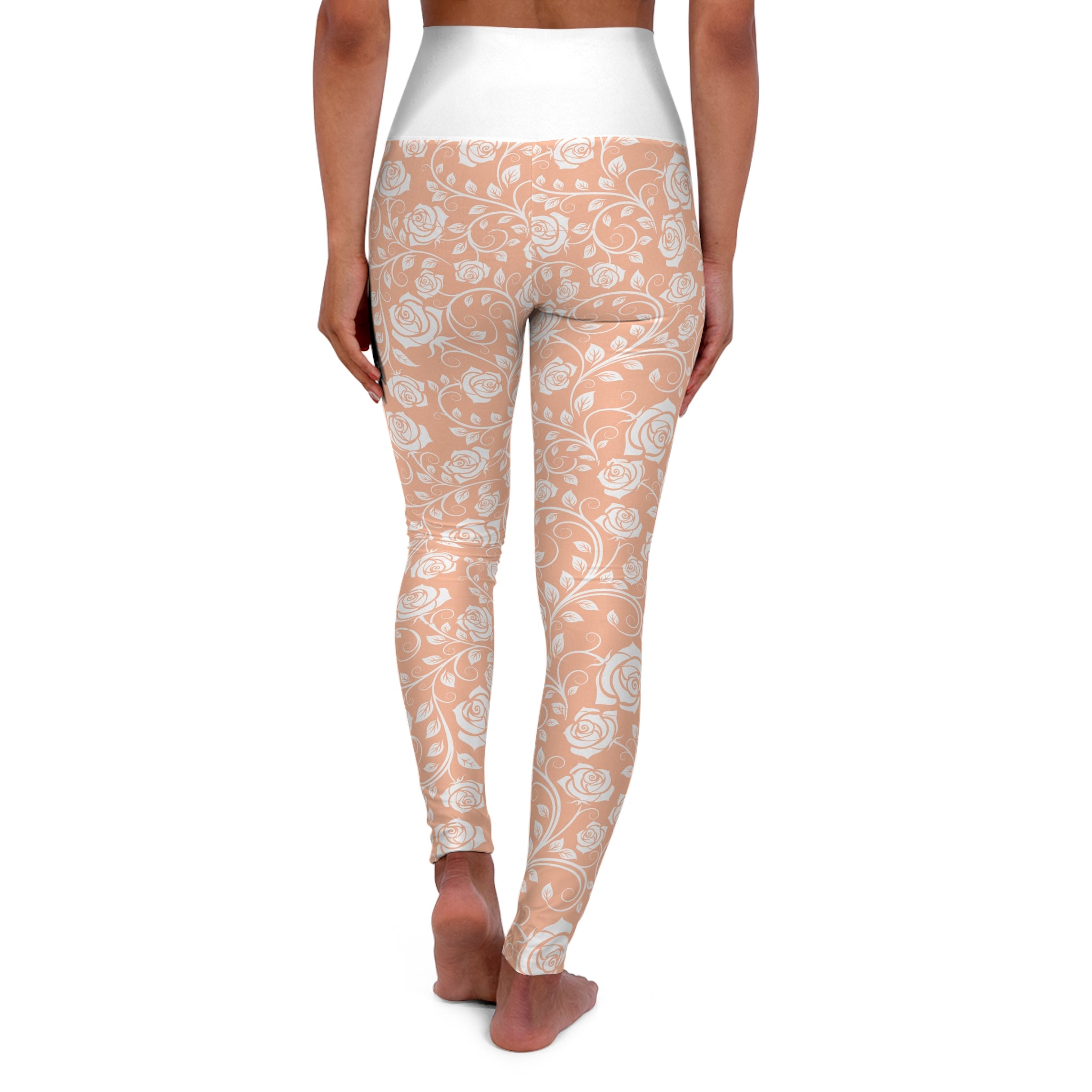 Peach Floral High-Waist Yoga Leggings — All-Over Rose Pattern