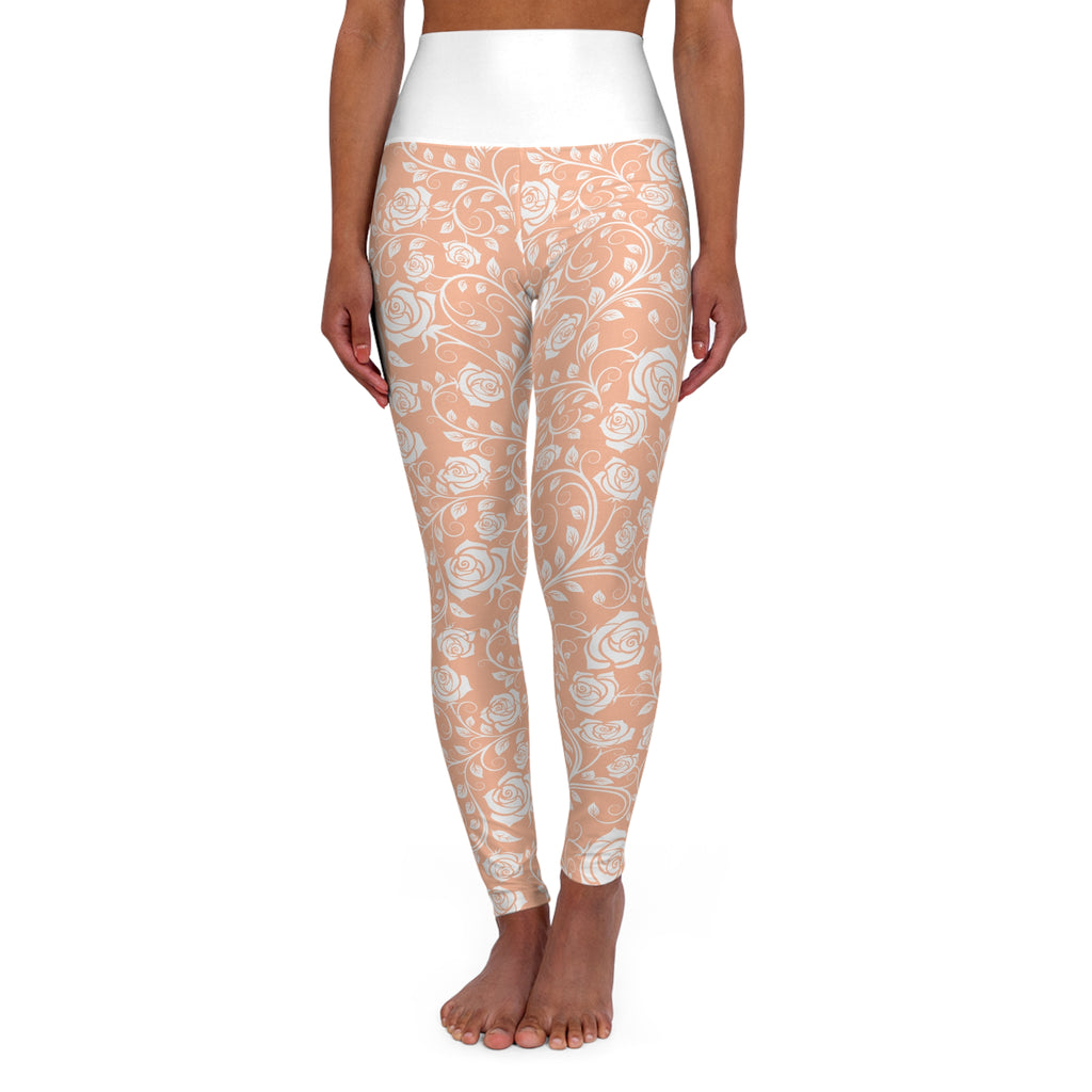 Peach Floral High-Waist Yoga Leggings — All-Over Rose Pattern