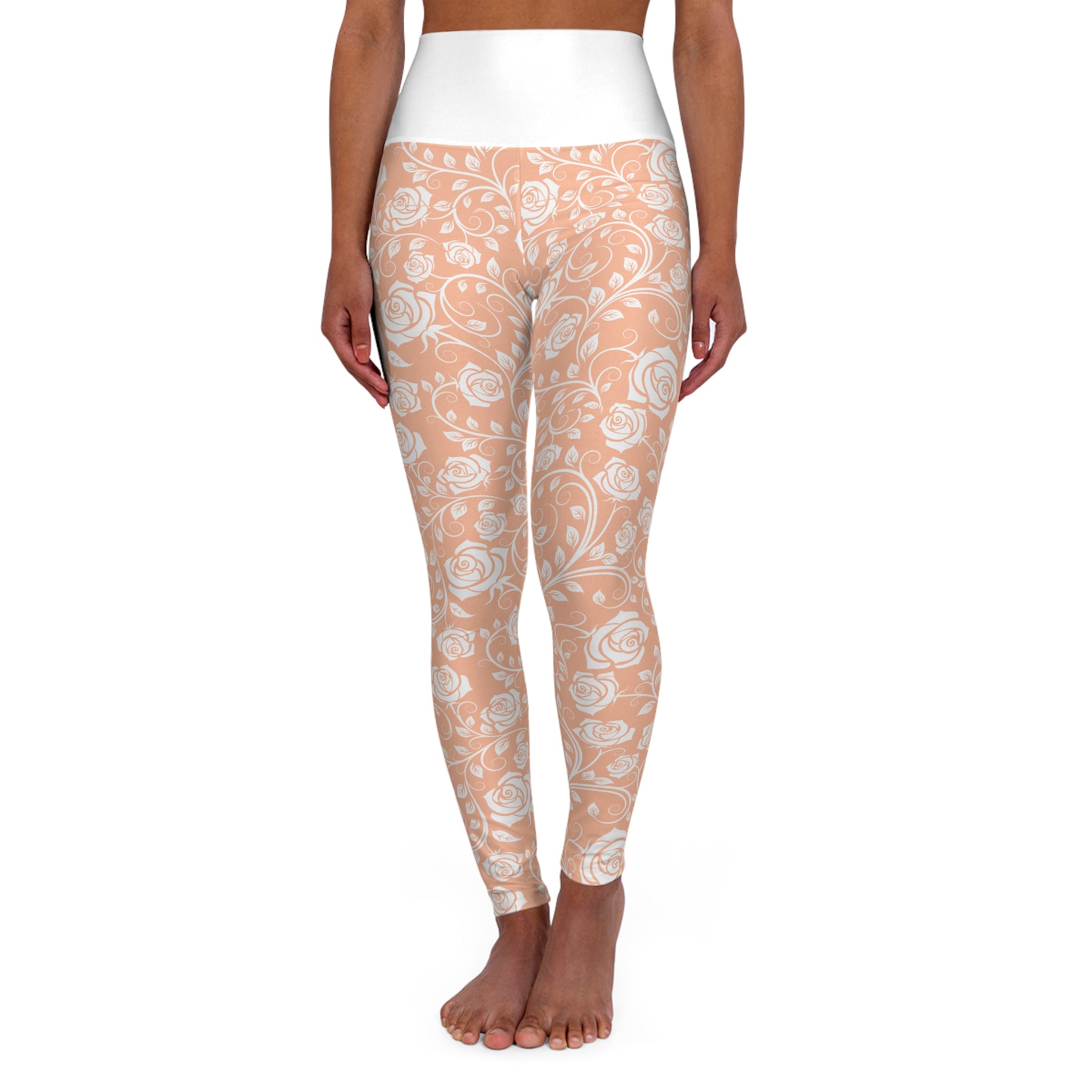 Peach Floral High-Waist Yoga Leggings — All-Over Rose Pattern
