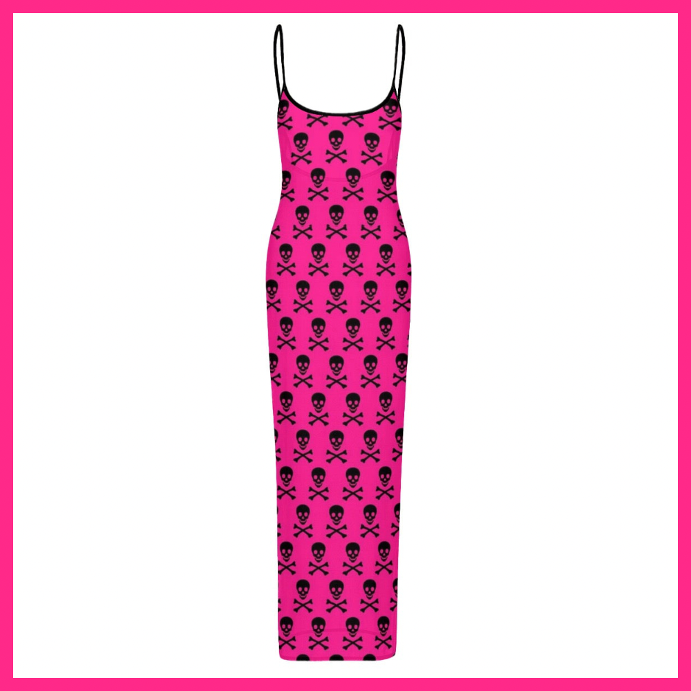 Women's Sheer Mesh Backless Spaghetti Strap Maxi Dress hot pink w/ black skulls