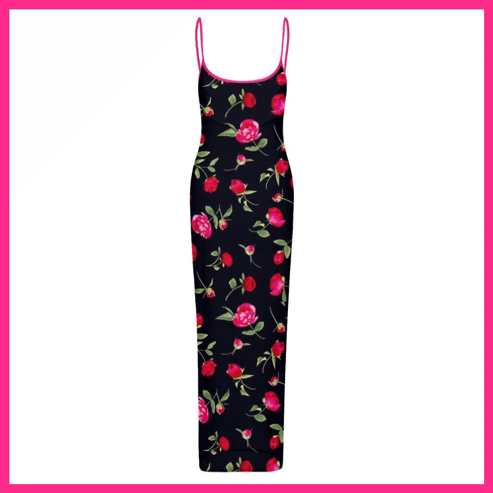 Women's Sheer Mesh Backless Spaghetti Strap Maxi Dress roses