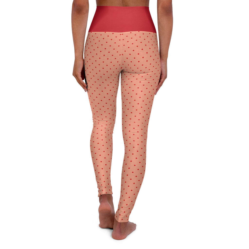 High-Waisted Peach Polka Dot Yoga Leggings — Red Waistband, All-Over Print
