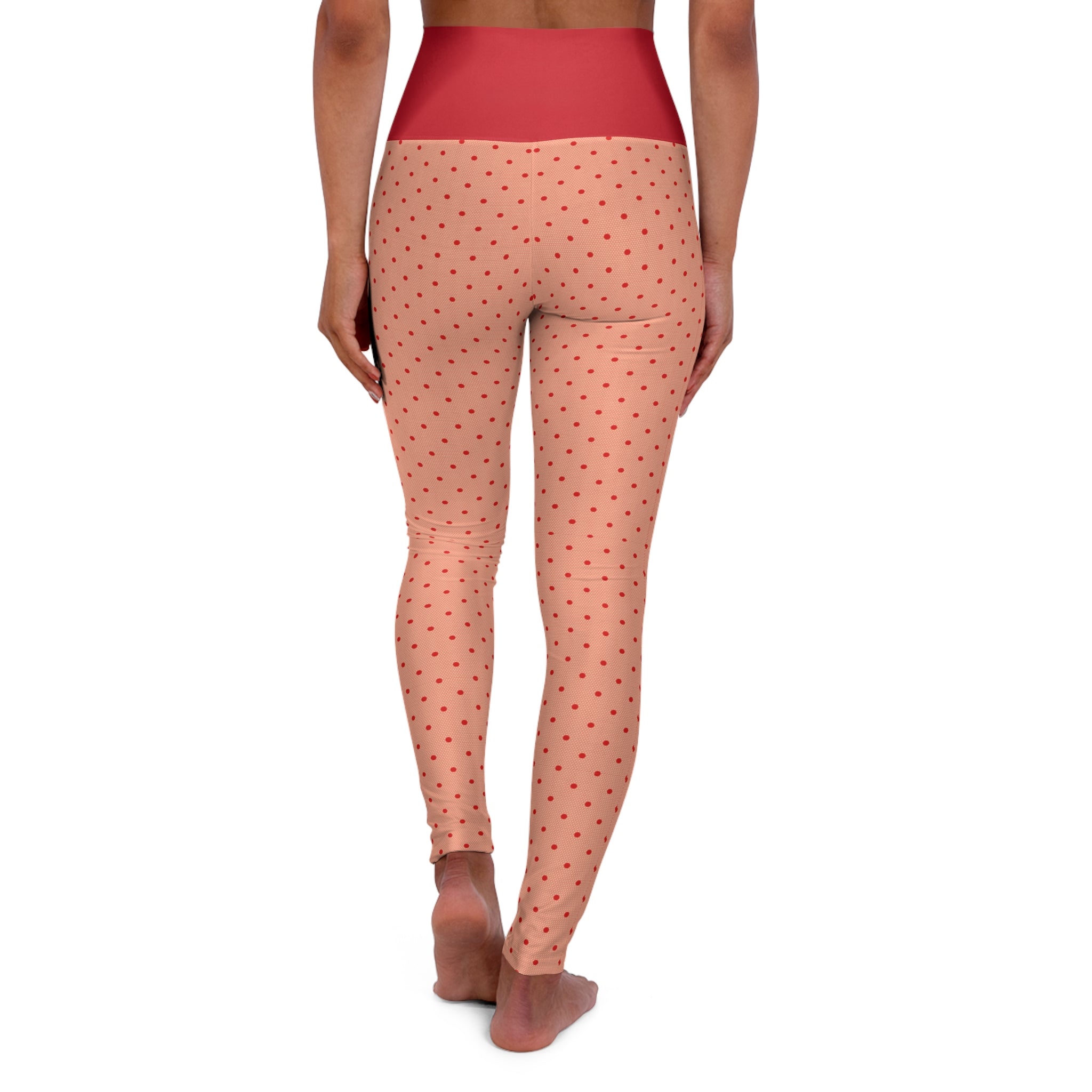 High-Waisted Peach Polka Dot Yoga Leggings — Red Waistband, All-Over Print