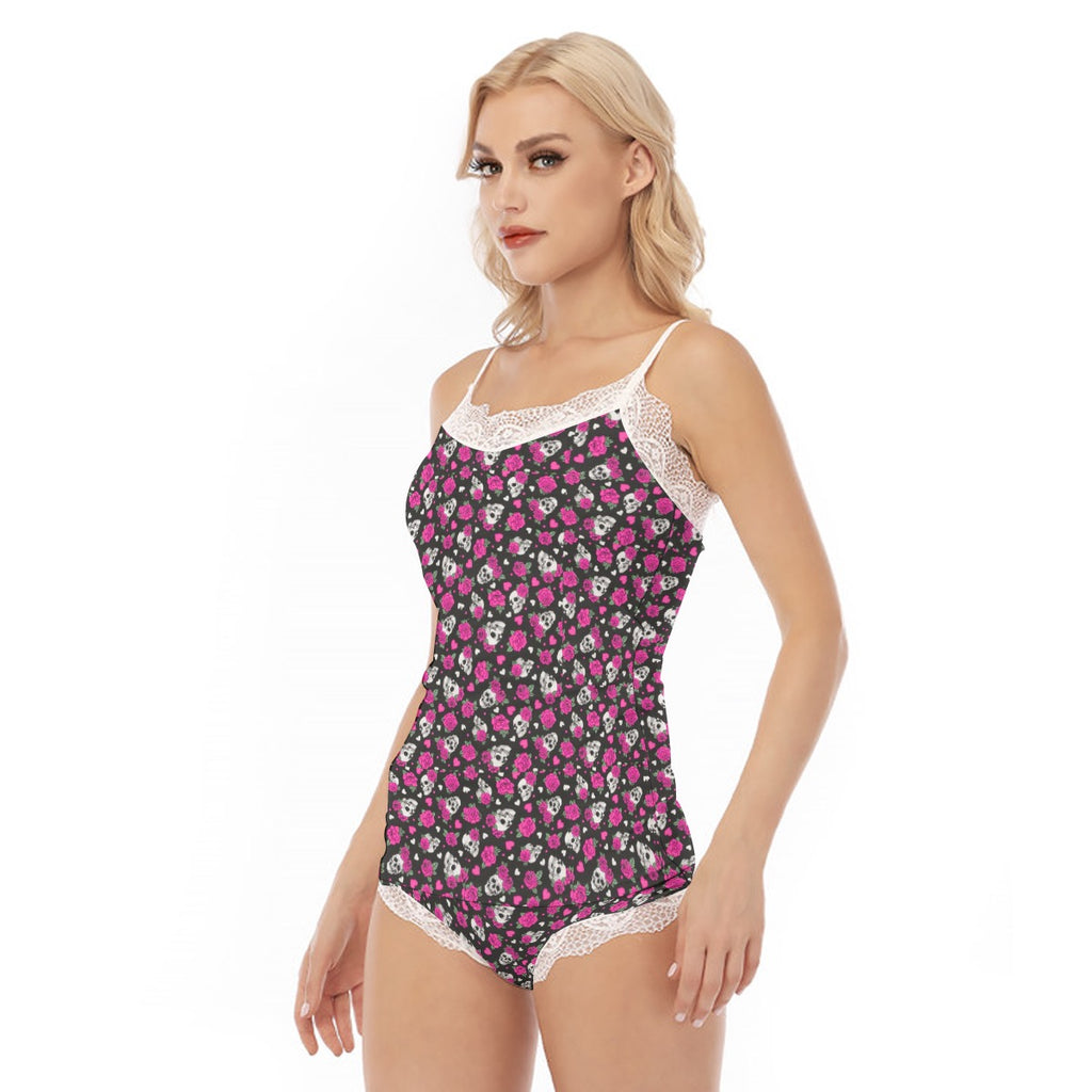 All-Over Print Women's Pajama Set With Lace Edge
