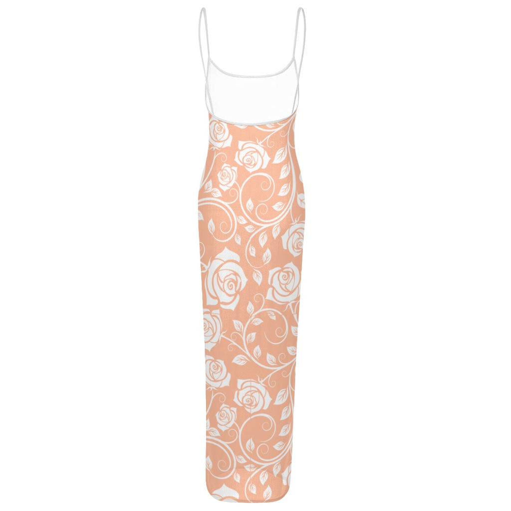 Women's Sheer Mesh Backless Spaghetti Strap Maxi Dress white rose lace