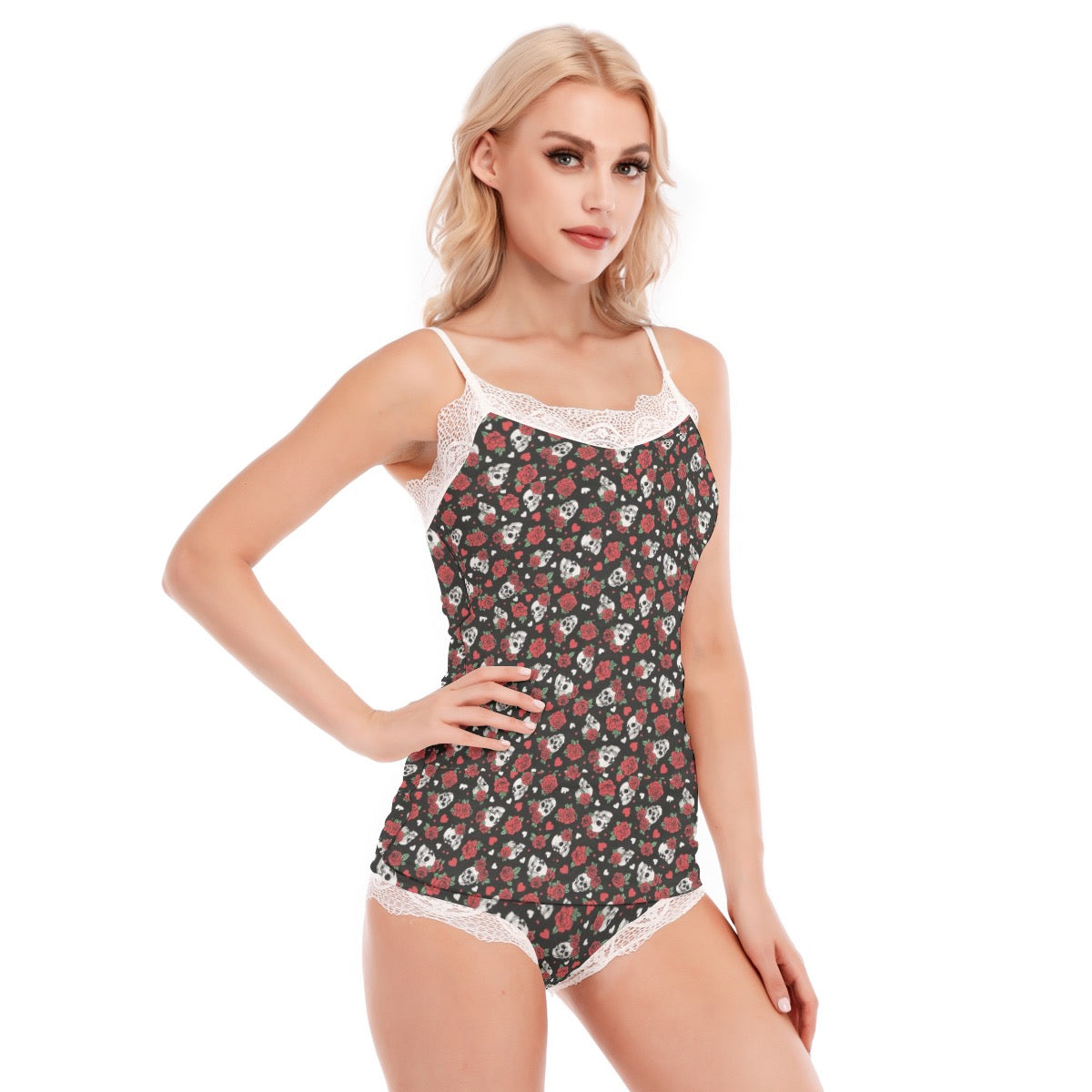 All-Over Print Women's Pajama Set With Lace Edge
