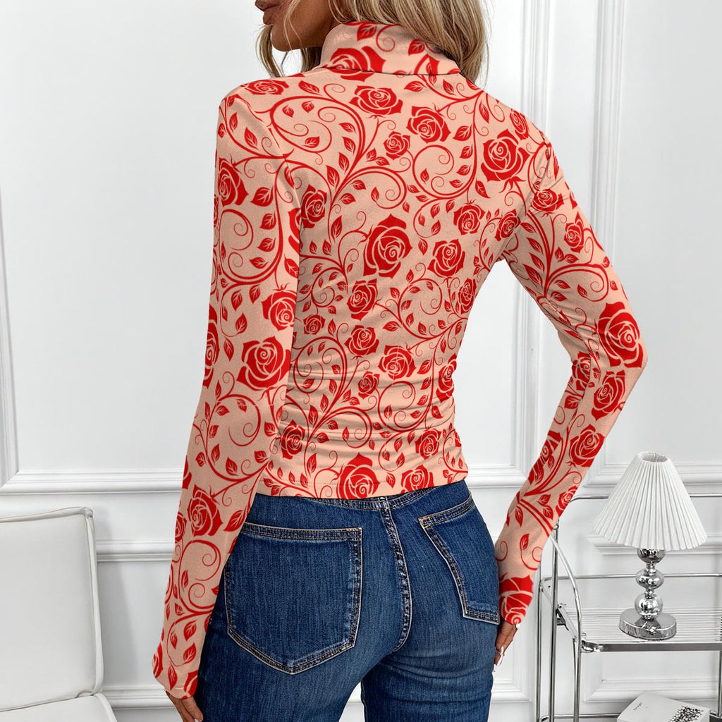 Women's High-Neck Top With Long Sleeve red rose lace