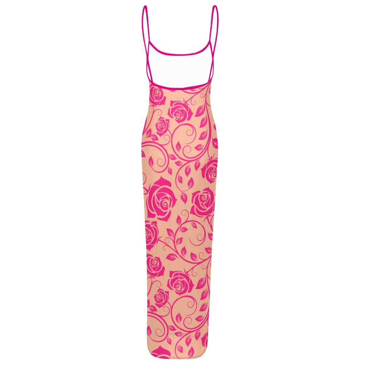 Women's Sheer Mesh Backless Spaghetti Strap Maxi Dress pink rose lace