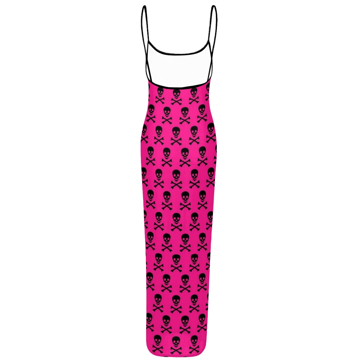 Women's Sheer Mesh Backless Spaghetti Strap Maxi Dress hot pink w/ black skulls