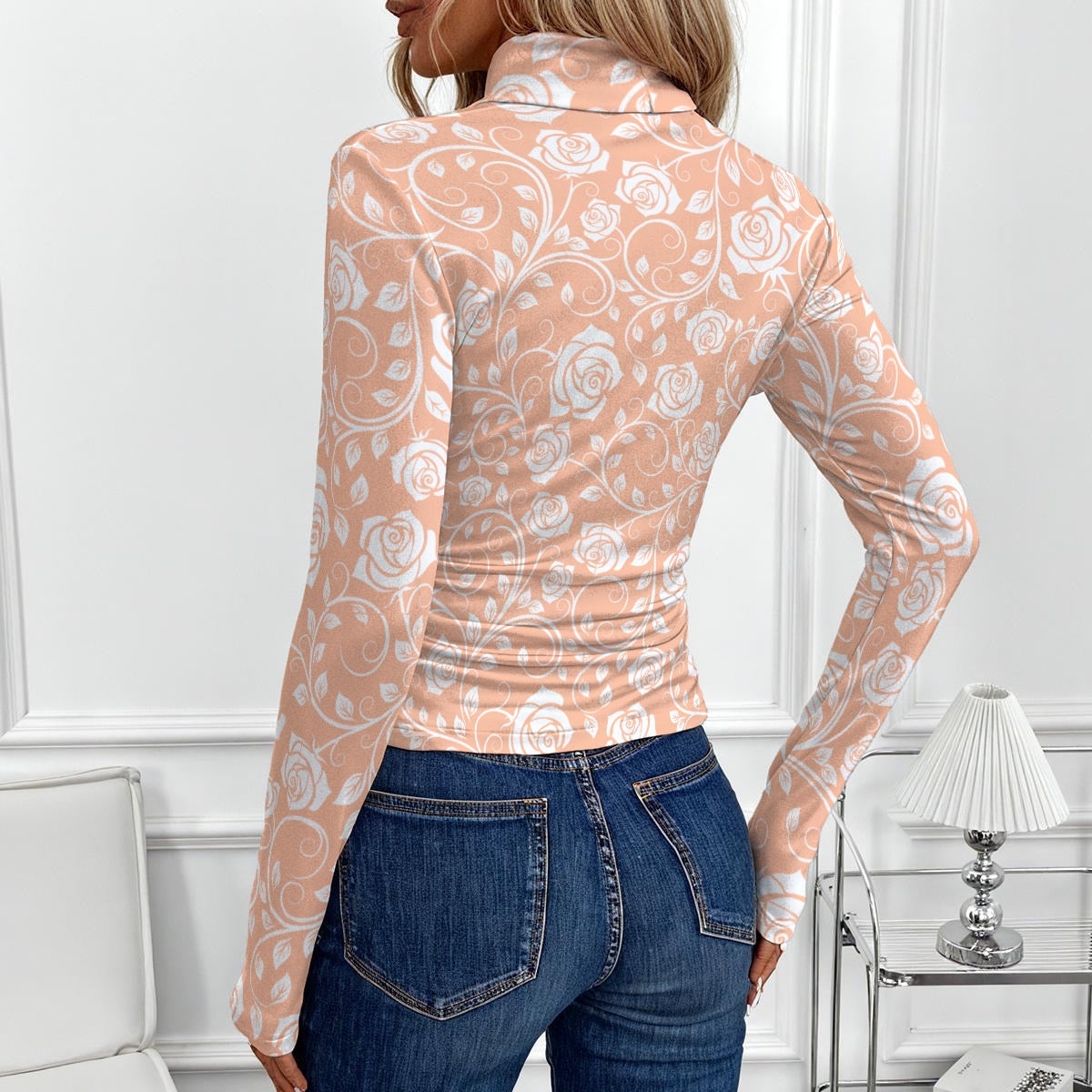 Women's High-Neck Top With Long Sleeve white rose lace