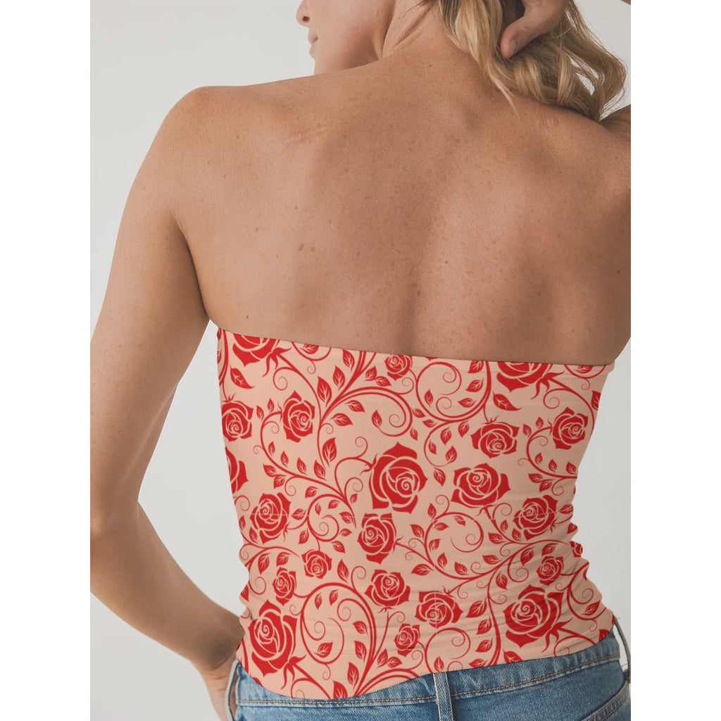 Women's Double-Layer Strapless Top red rose lace