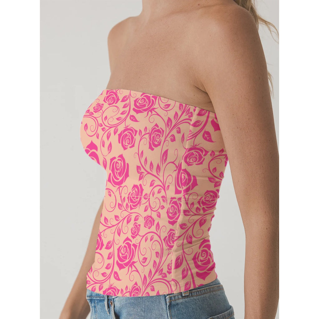 Women's Double-Layer Strapless Top pink rose lace