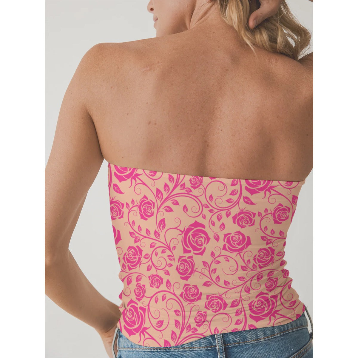 Women's Double-Layer Strapless Top pink rose lace
