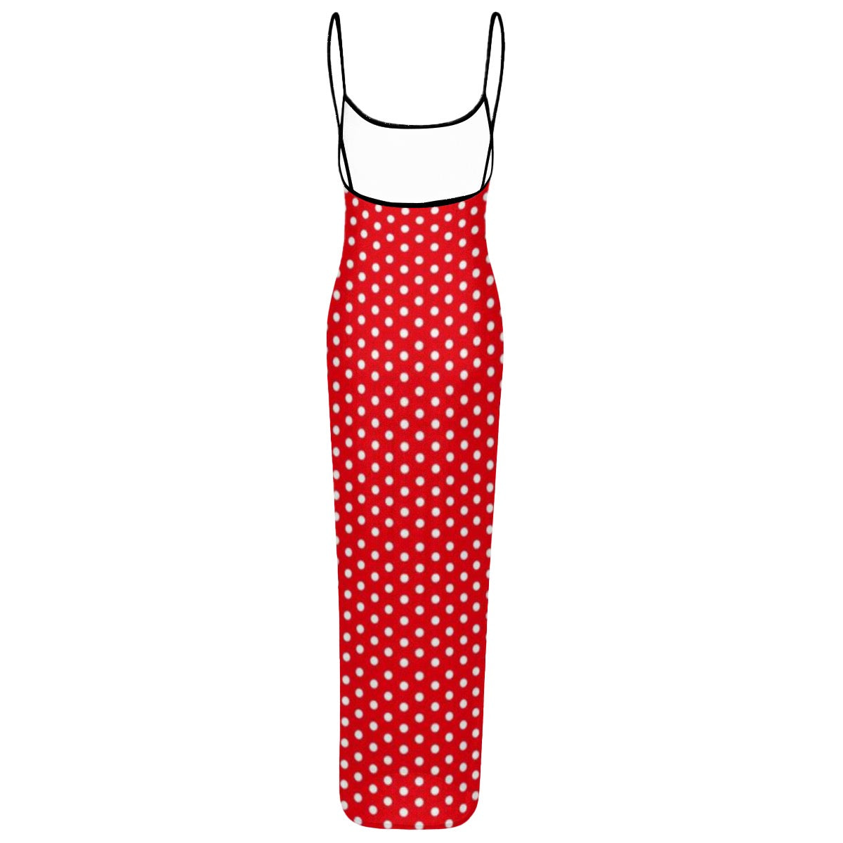 Women's Sheer Mesh Backless Spaghetti Strap Maxi Dress red w/ white polka dots