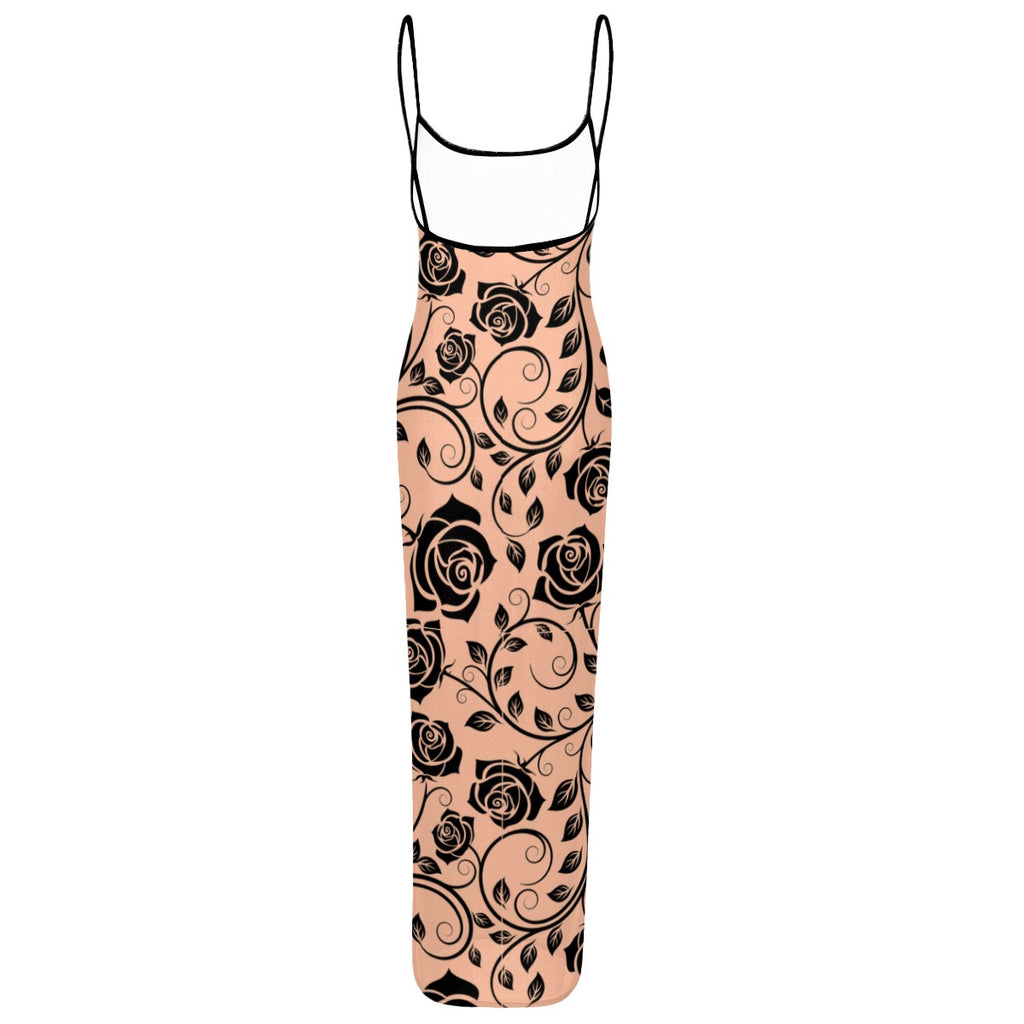 Women's Sheer Mesh Backless Spaghetti Strap Maxi Dress black rose lace