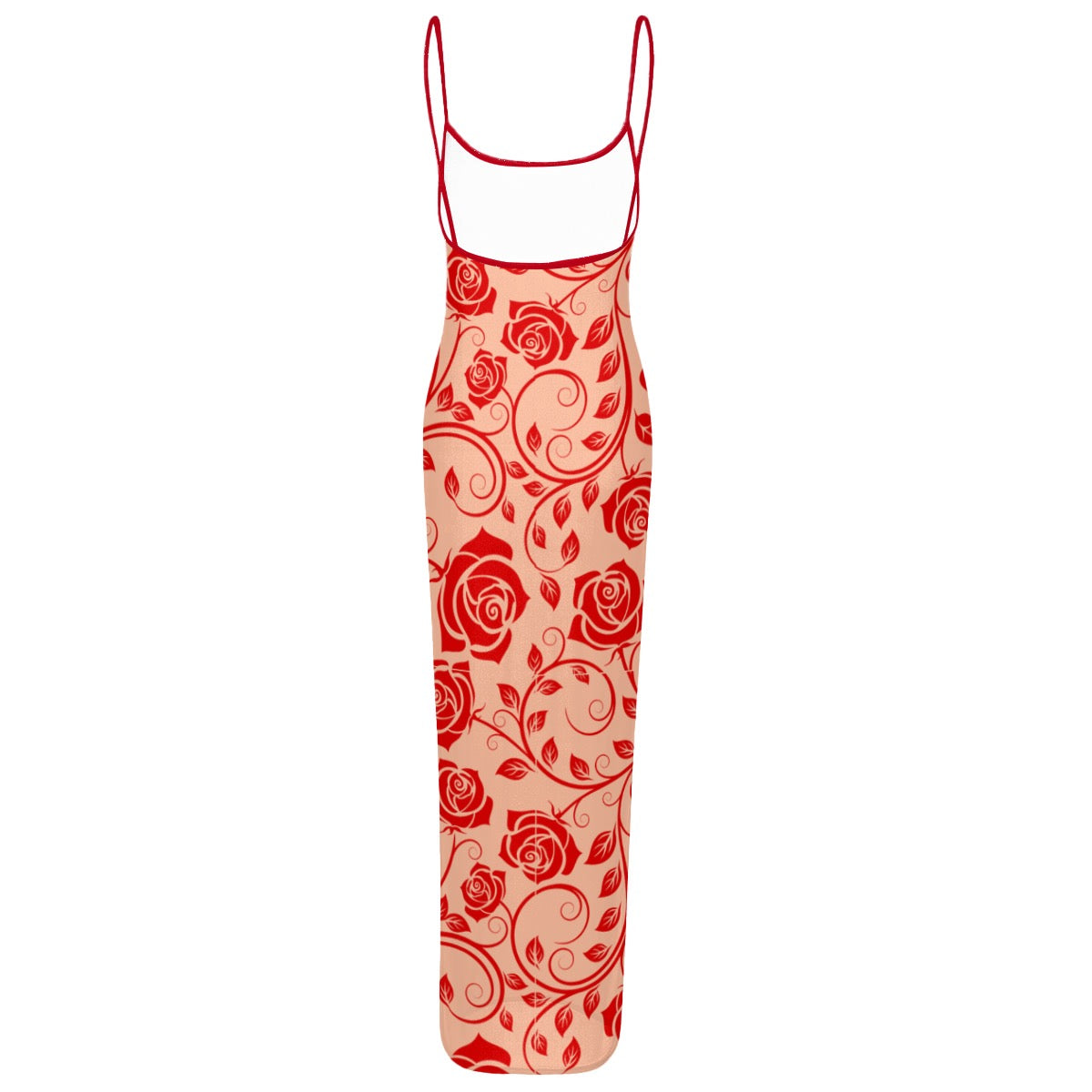 Women's Sheer Mesh Backless Spaghetti Strap Maxi Dress red rose lace