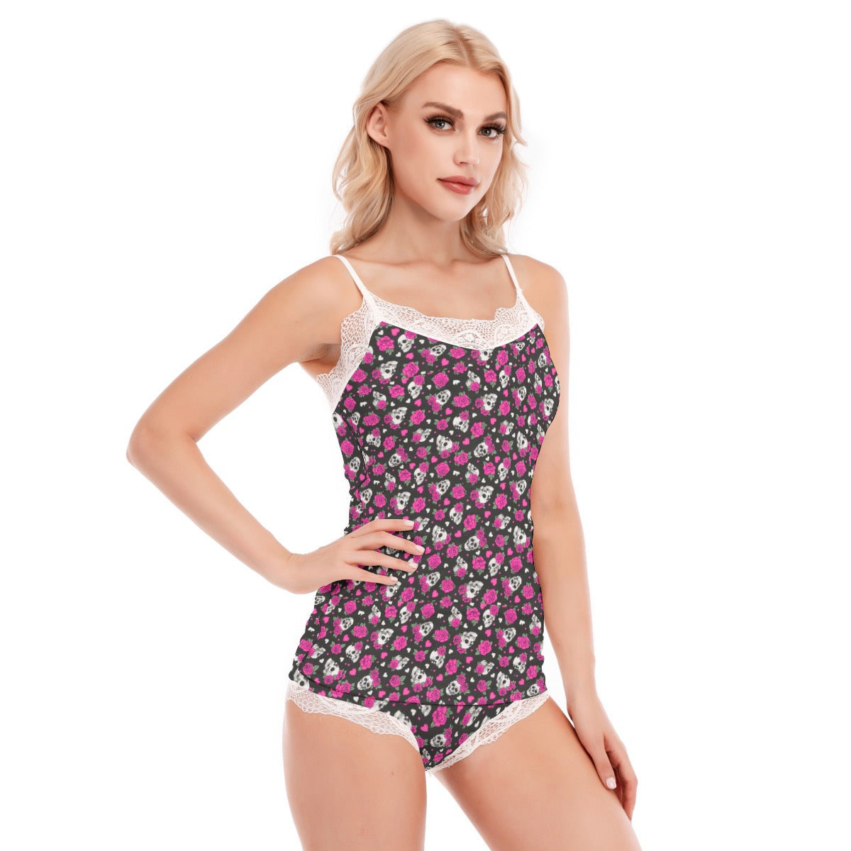 All-Over Print Women's Pajama Set With Lace Edge