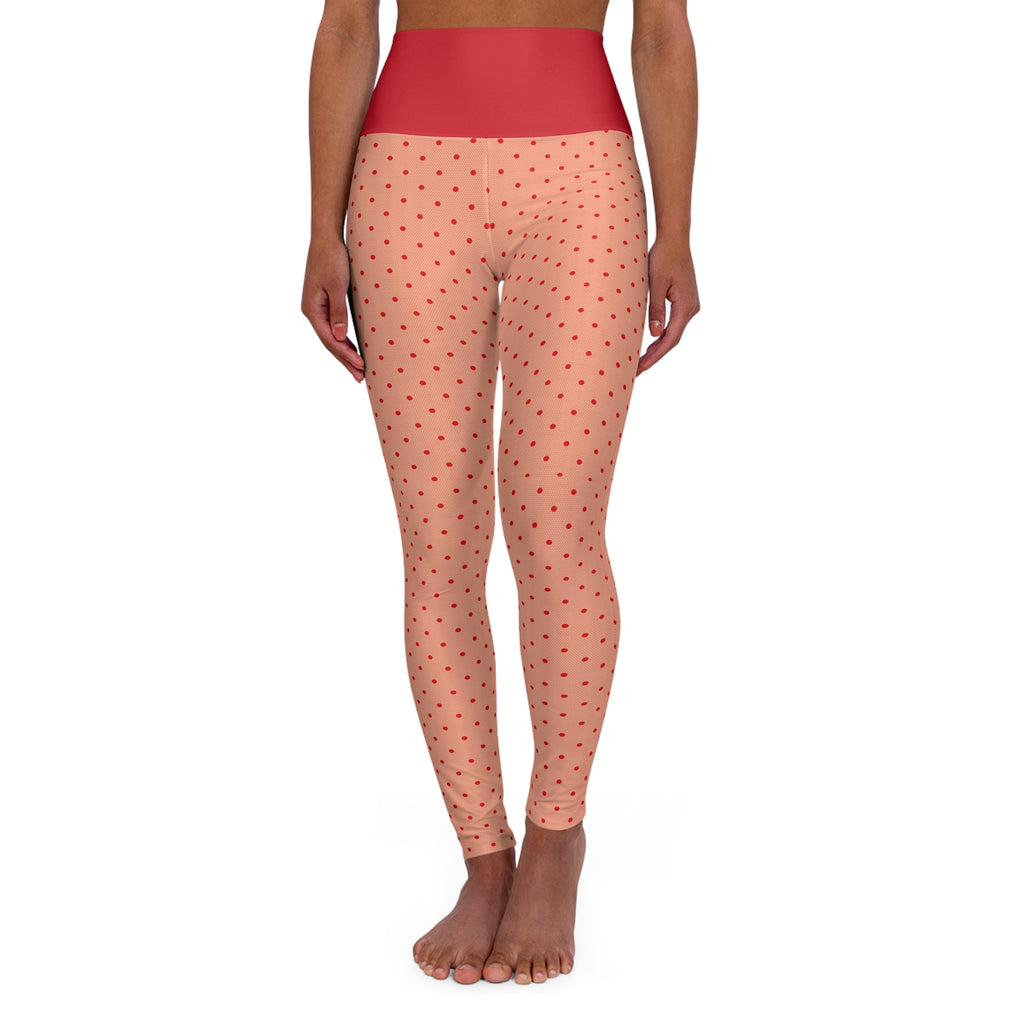 High-Waisted Peach Polka Dot Yoga Leggings — Red Waistband, All-Over Print