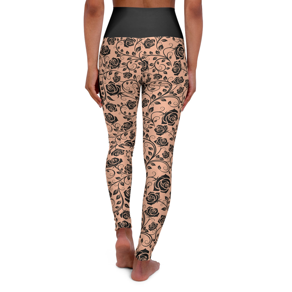 Floral Vine High-Waisted Yoga Leggings — Black Rose All-Over Print