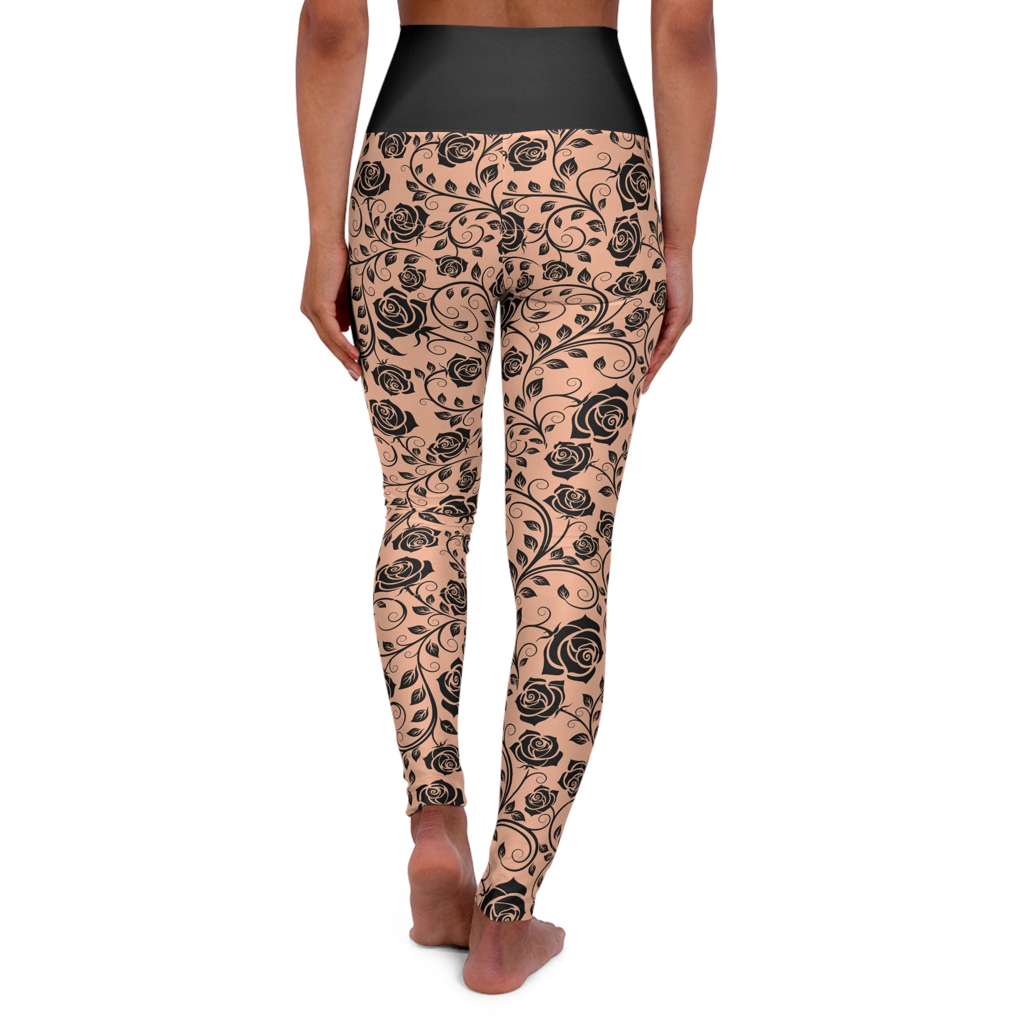 Floral Vine High-Waisted Yoga Leggings — Black Rose All-Over Print