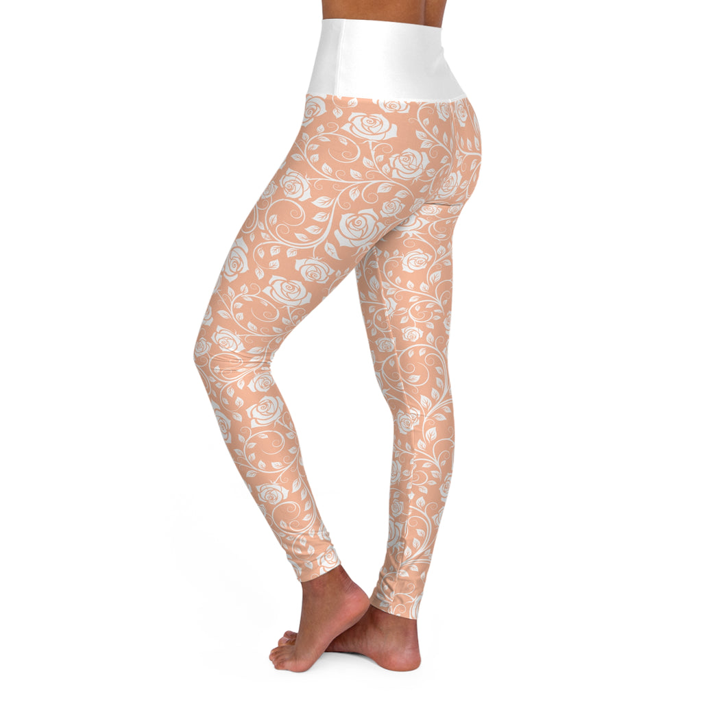 Peach Floral High-Waist Yoga Leggings — All-Over Rose Pattern
