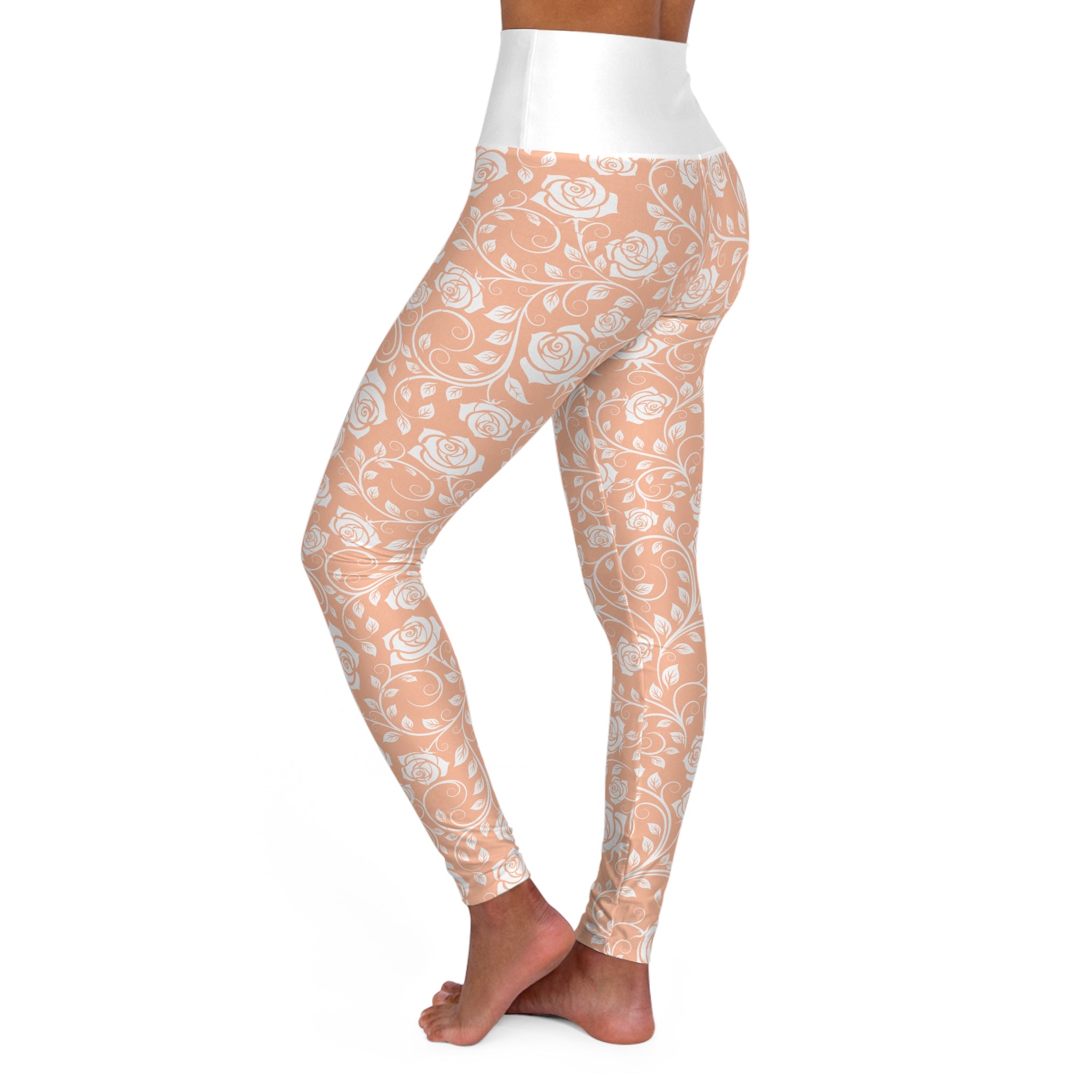 Peach Floral High-Waist Yoga Leggings — All-Over Rose Pattern