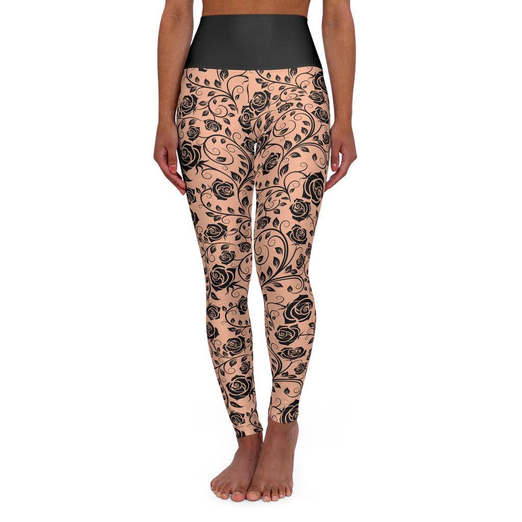 Floral Vine High-Waisted Yoga Leggings — Black Rose All-Over Print