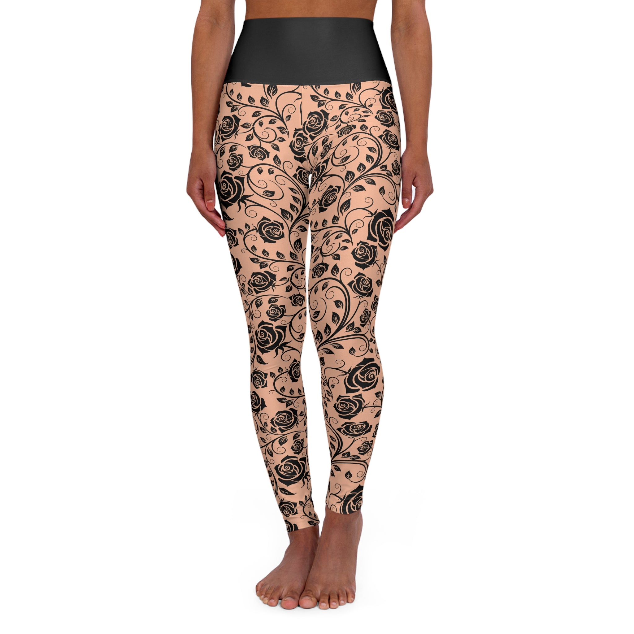 Floral Vine High-Waisted Yoga Leggings — Black Rose All-Over Print