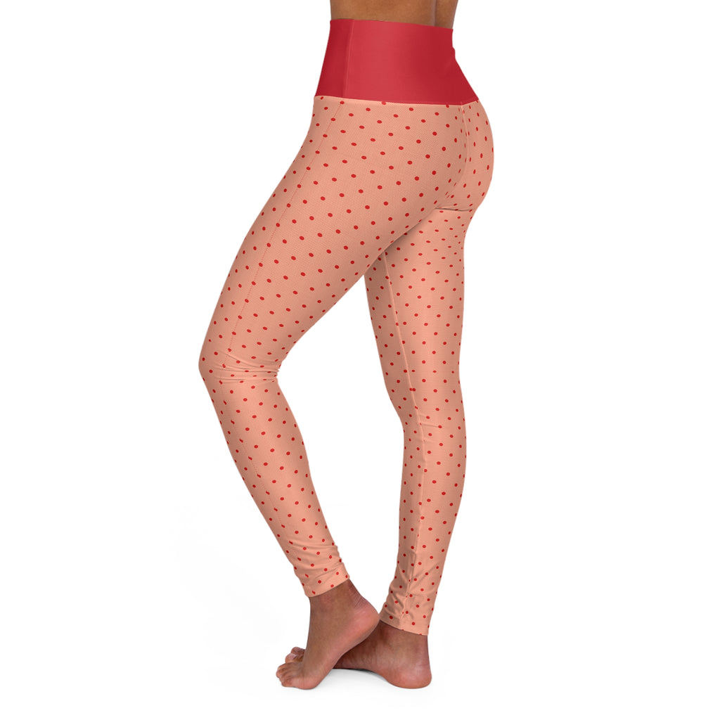 High-Waisted Peach Polka Dot Yoga Leggings — Red Waistband, All-Over Print