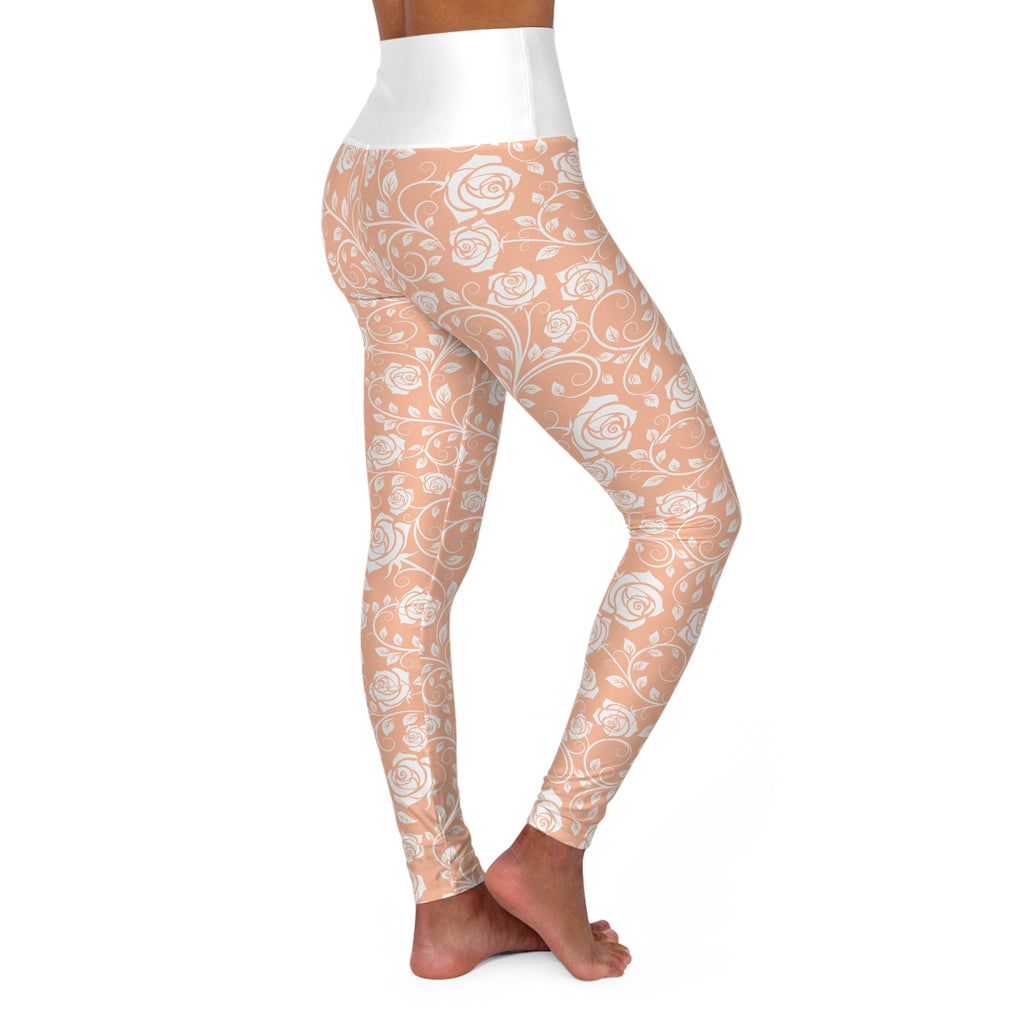 Peach Floral High-Waist Yoga Leggings — All-Over Rose Pattern