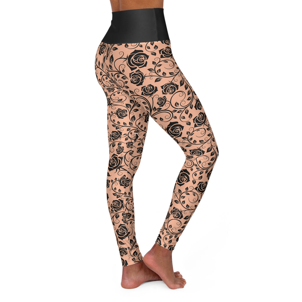 Floral Vine High-Waisted Yoga Leggings — Black Rose All-Over Print
