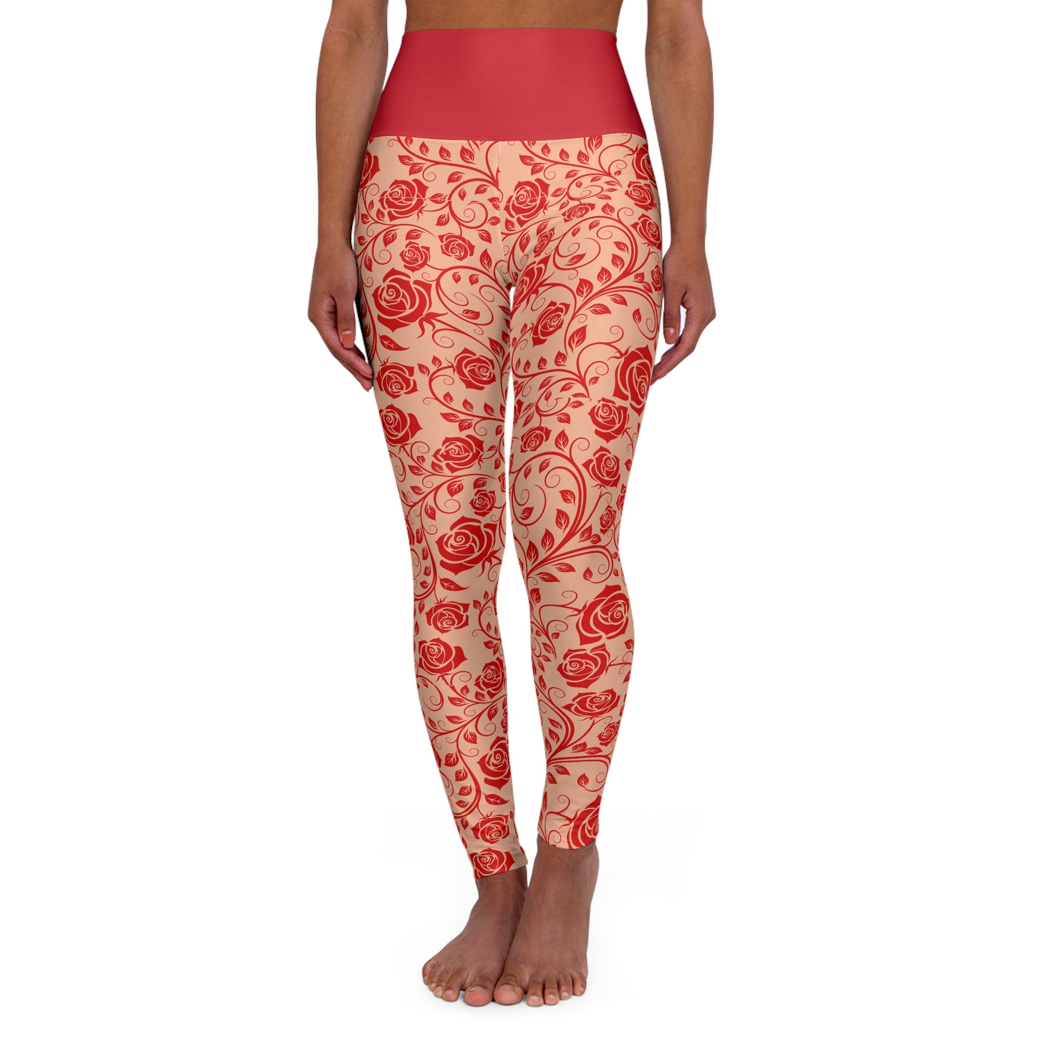 Floral Vine High-Waist Yoga Leggings — Red Rose All-Over Print