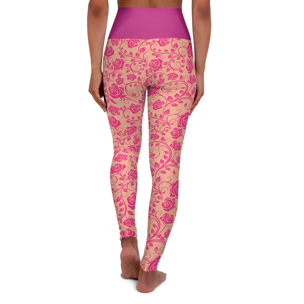 Pink Floral High-Waist Yoga Leggings — Rose Vine Pattern AOP