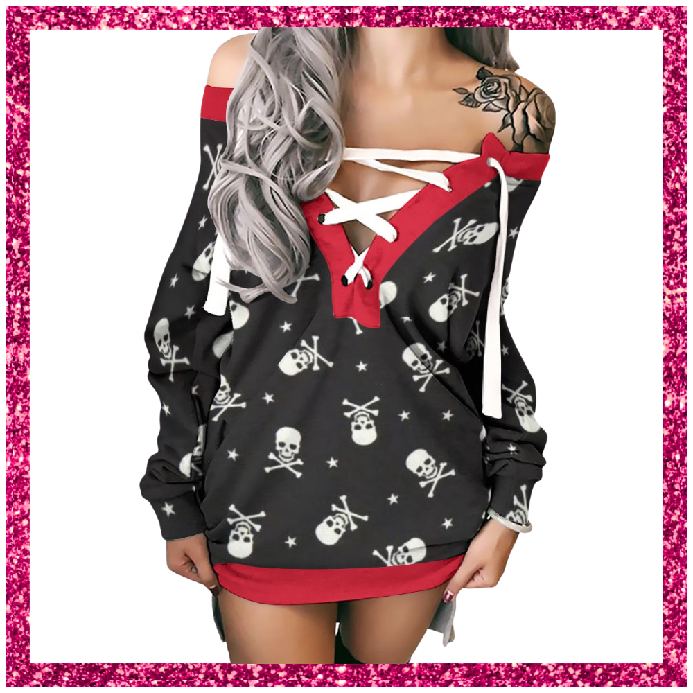 Women's Lace-Up Sweatshirt black red white skulls