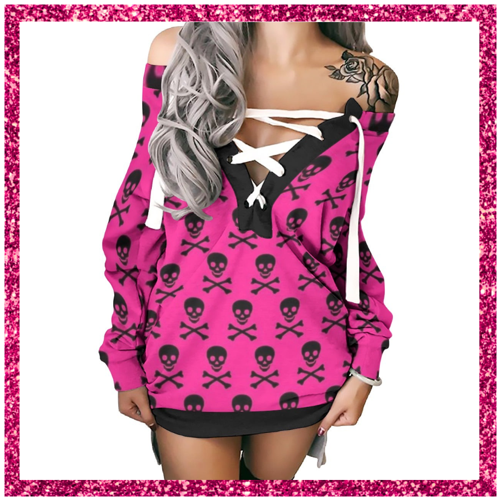 Women's Lace-Up Sweatshirt hot pink skulls