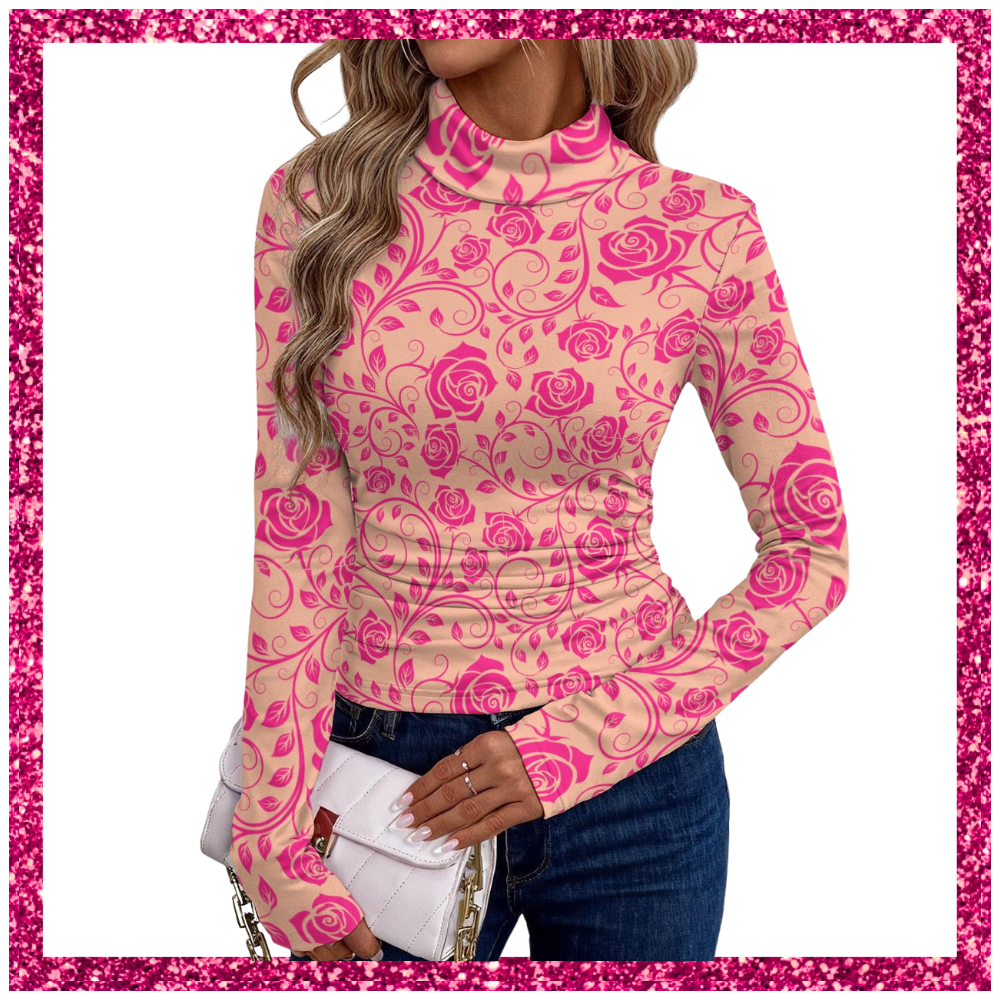Women's Women's High-Neck Top With Long Sleeve pink rose lace
