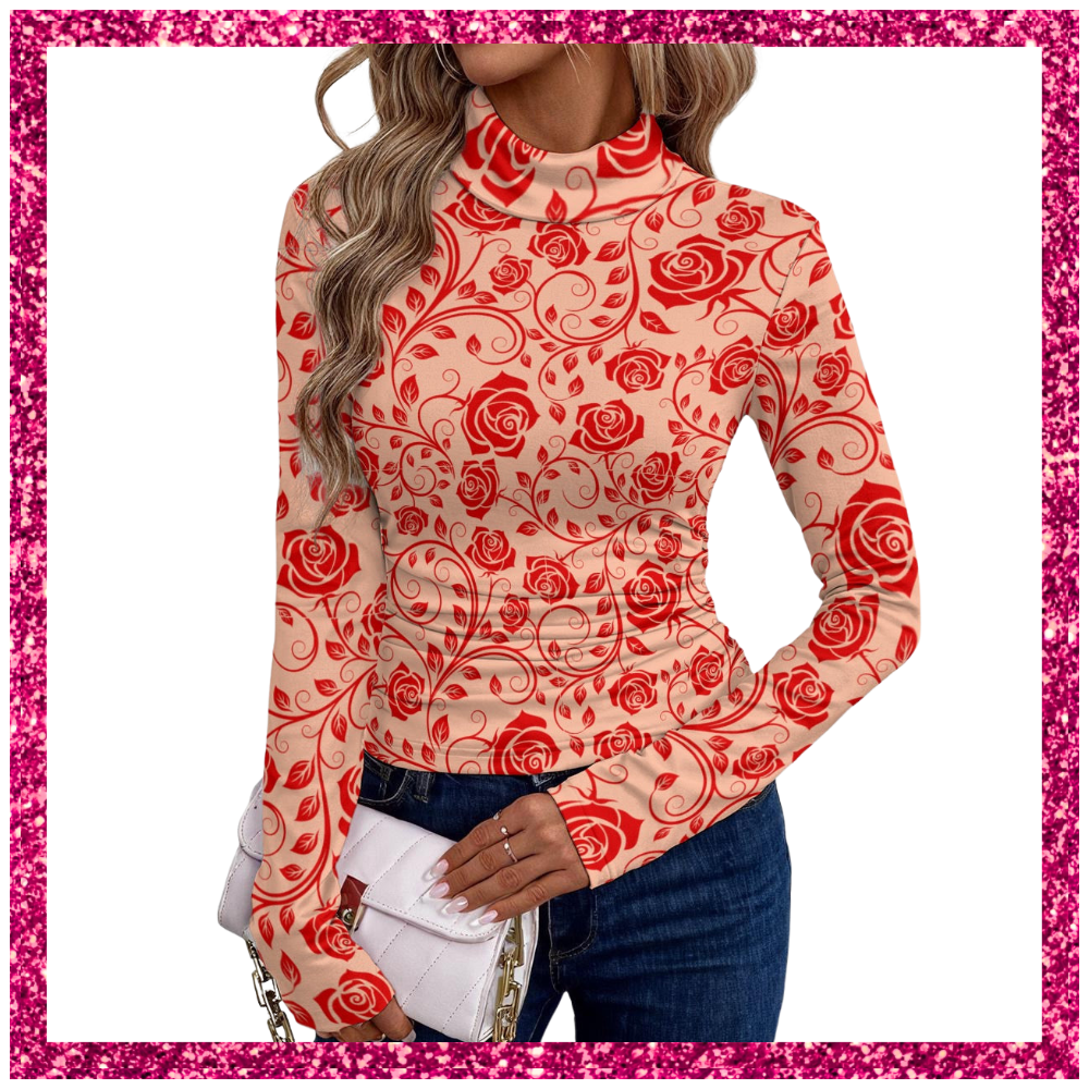Women's High-Neck Top With Long Sleeve red rose lace