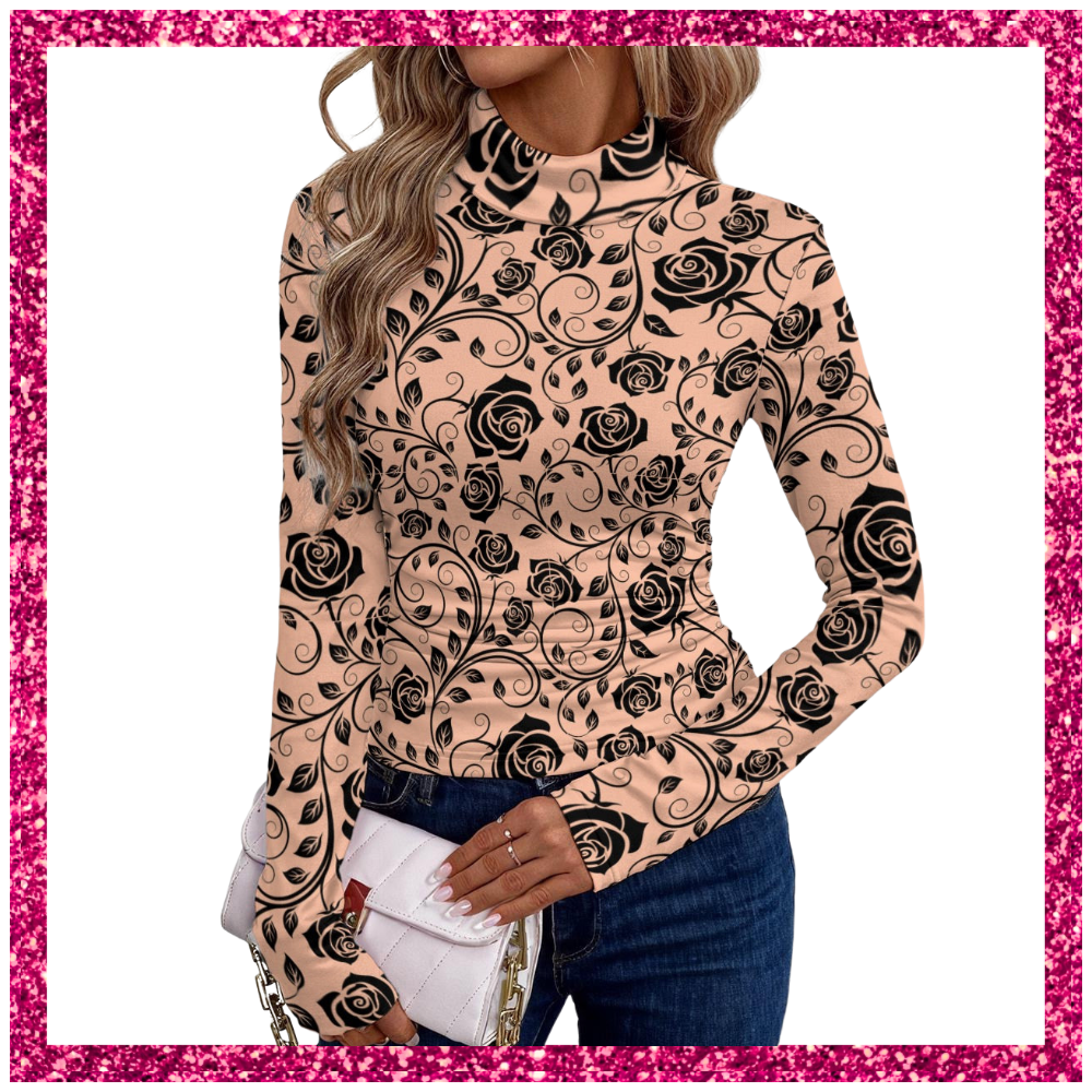 Women's High-Neck Top With Long Sleeve black rose lace