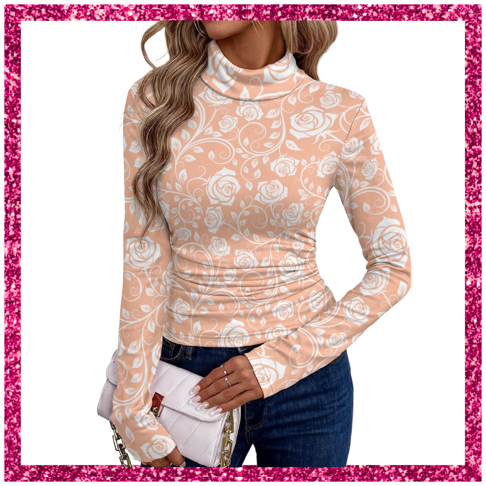 Women's High-Neck Top With Long Sleeve white rose lace