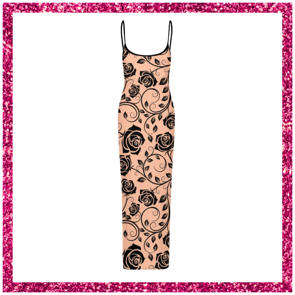 Women's Sheer Mesh Backless Spaghetti Strap Maxi Dress black rose lace