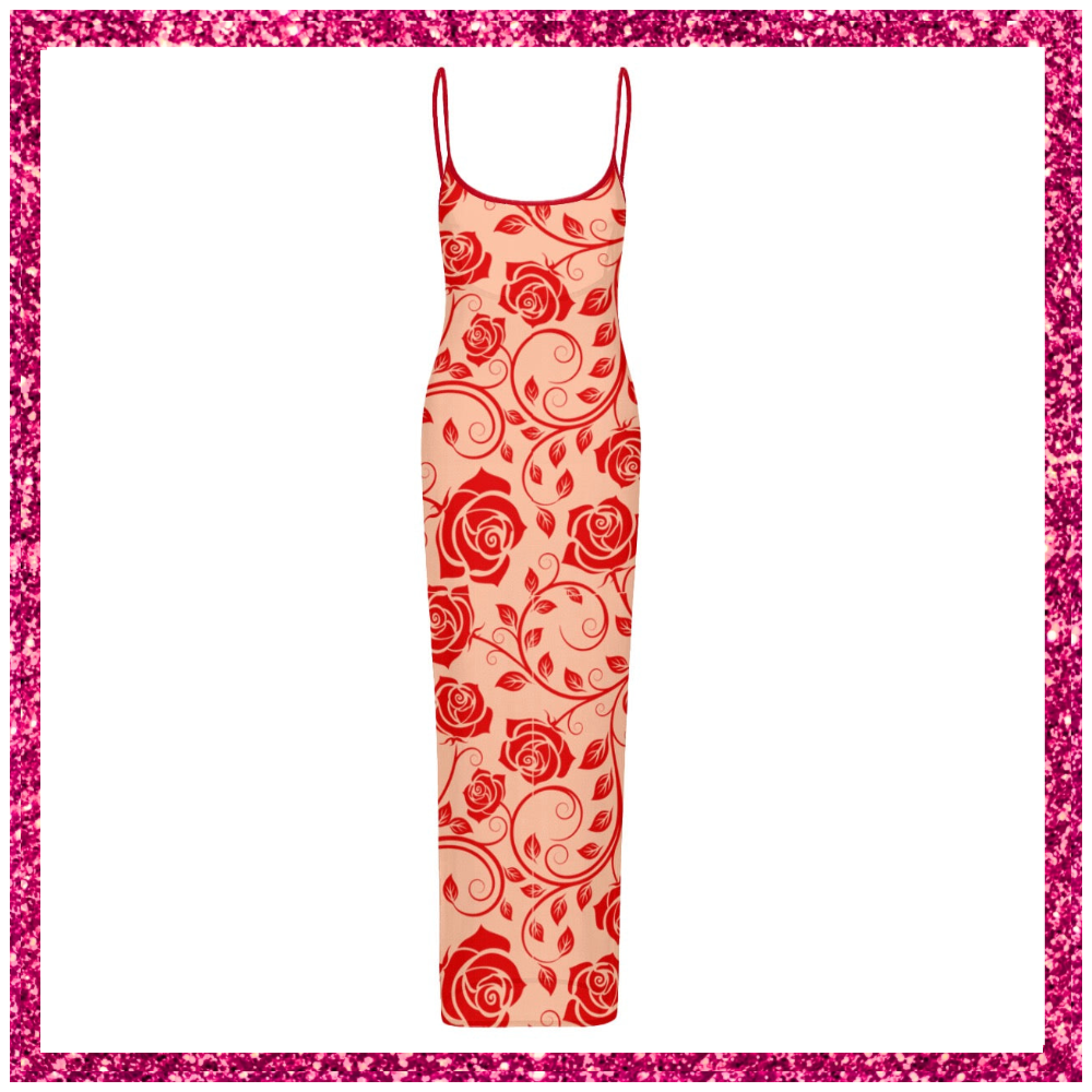 Women's Sheer Mesh Backless Spaghetti Strap Maxi Dress red rose lace
