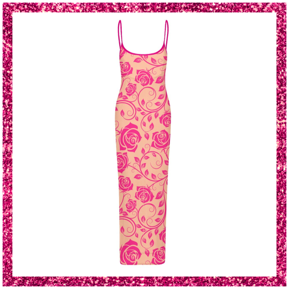 Women's Sheer Mesh Backless Spaghetti Strap Maxi Dress pink rose lace